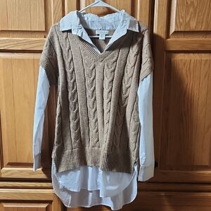 Rachel Zoe Tan V-Neck Cable Knit Sweater with White Layer